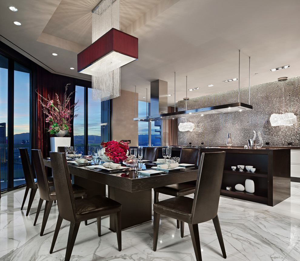 Design ideas for a large contemporary open plan dining in Las Vegas with white walls, marble floors and no fireplace.