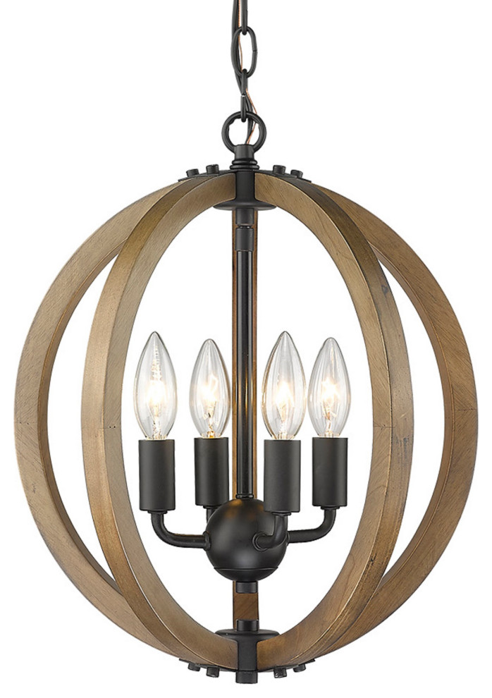 4Light Wooden and Black Orb Mini Pendant 14" W x 16" H Transitional
