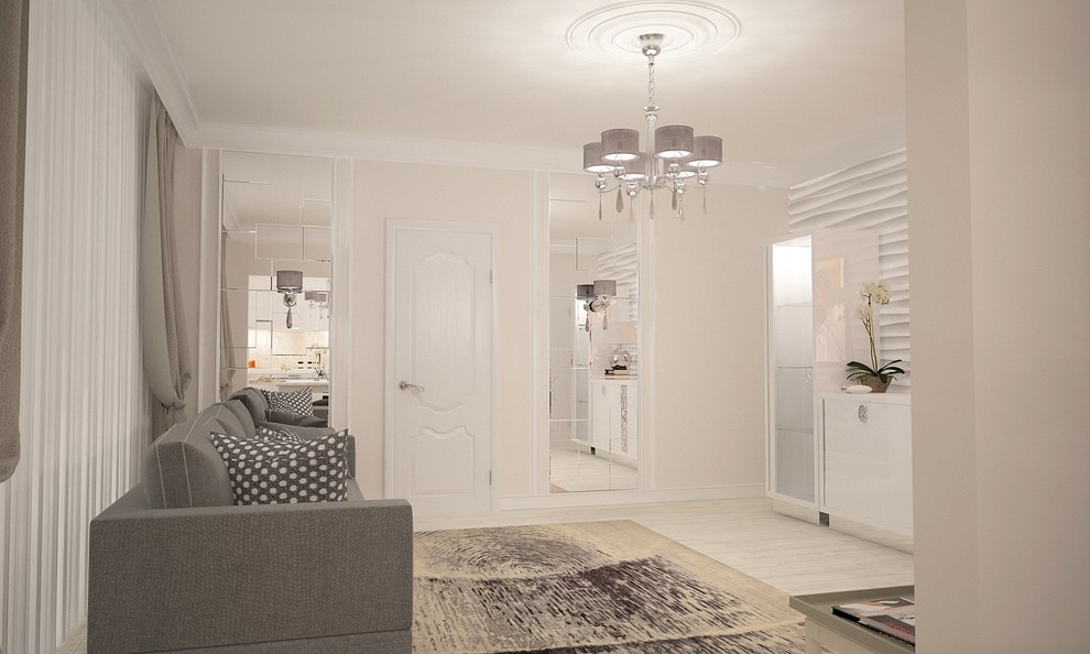 Классические мотивы в современном интерьере кухни-гостиной.