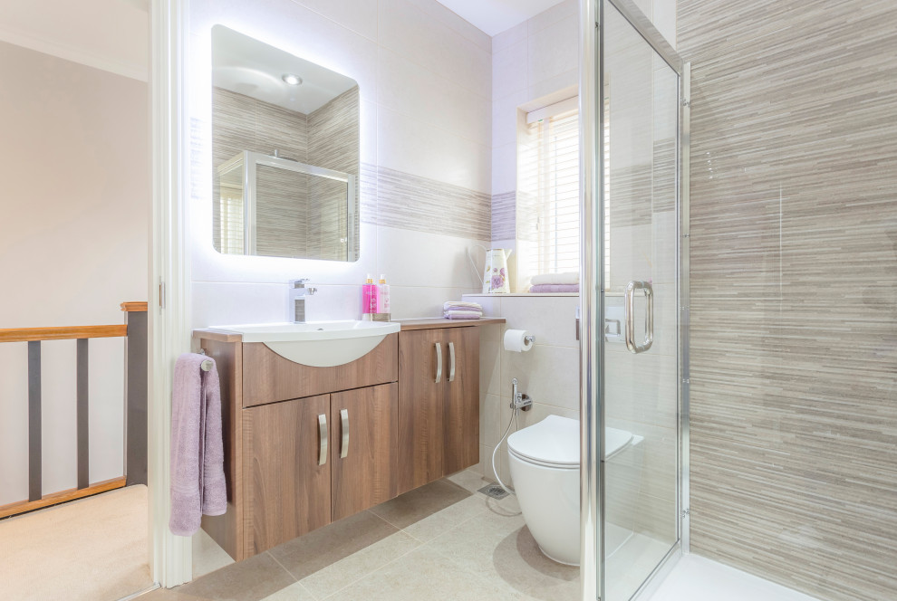 Design ideas for a mid-sized contemporary 3/4 bathroom in Sussex with flat-panel cabinets, medium wood cabinets, a corner shower, a drop-in sink, wood benchtops, beige floor, a hinged shower door, beige benchtops, a single vanity and a floating vanity.