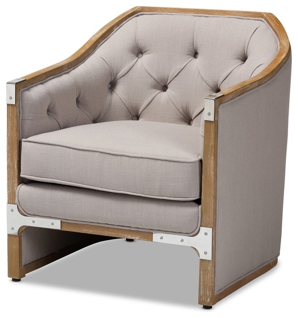 Baxton Studio Terina Country Industrial Gray Beige Whitewashed Oak Wood Armchair