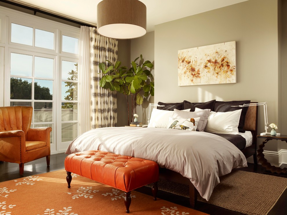 Design ideas for a contemporary bedroom in San Francisco with grey walls and dark hardwood floors.