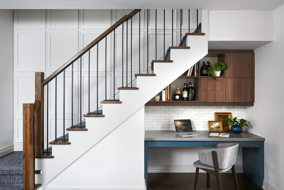 Mid-sized eclectic wood l-shaped staircase in Toronto with mixed railing and painted wood risers.