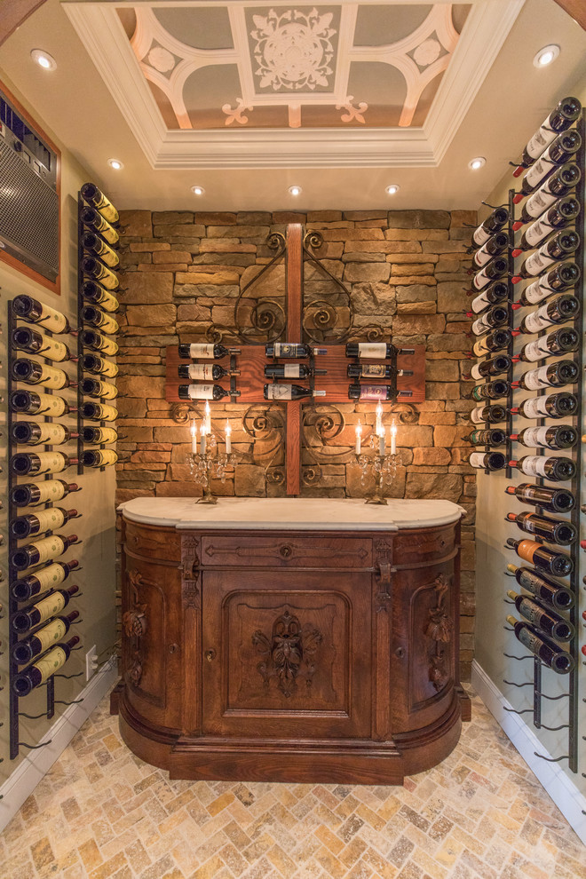 Photo of a small mediterranean wine cellar in Philadelphia with marble floors, storage racks and multi-coloured floor.
