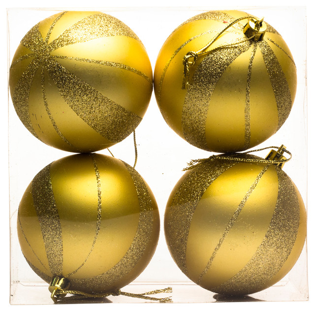 Gold Ball Ornament With Spiral Design 4 Pack Contemporary Christmas