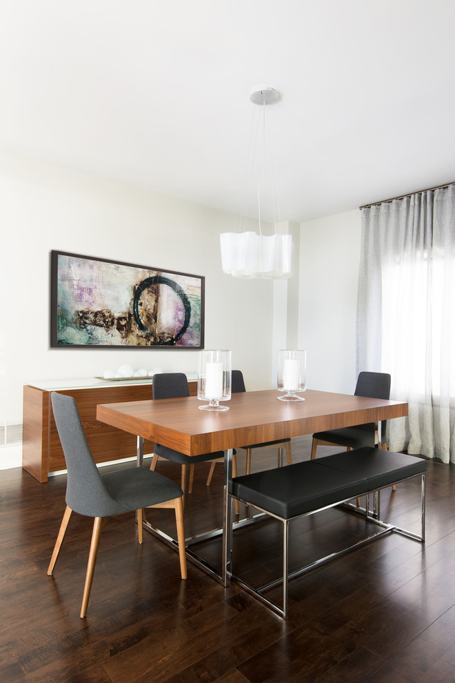 Mid-sized contemporary dining room in Toronto with white walls.