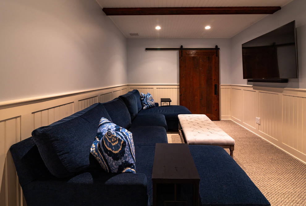 Small beach style enclosed home theatre in Providence with carpet and a wall-mounted tv.