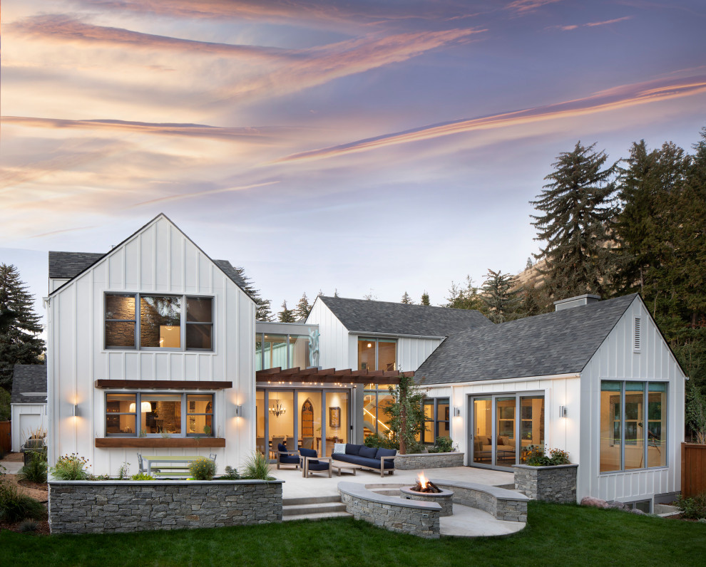 Cette image montre une terrasse arrière minimaliste avec un foyer extérieur.