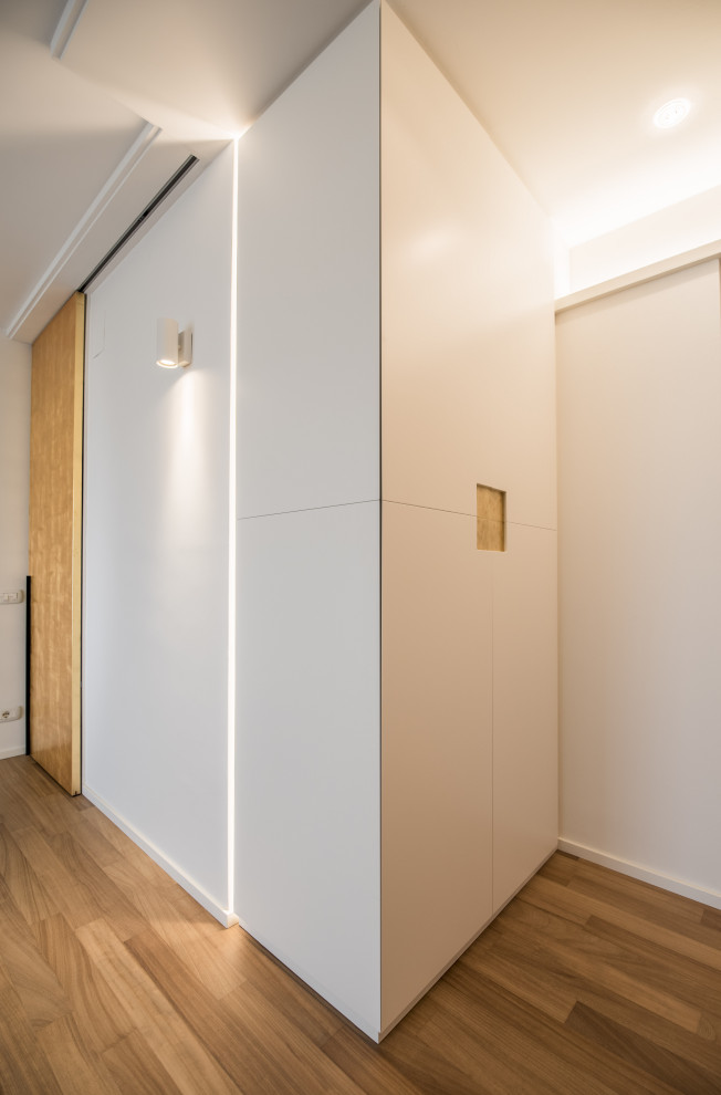 Immagine di un piccolo ingresso minimalista con pareti bianche, parquet chiaro, una porta singola, una porta bianca, pavimento marrone, soffitto ribassato e armadio