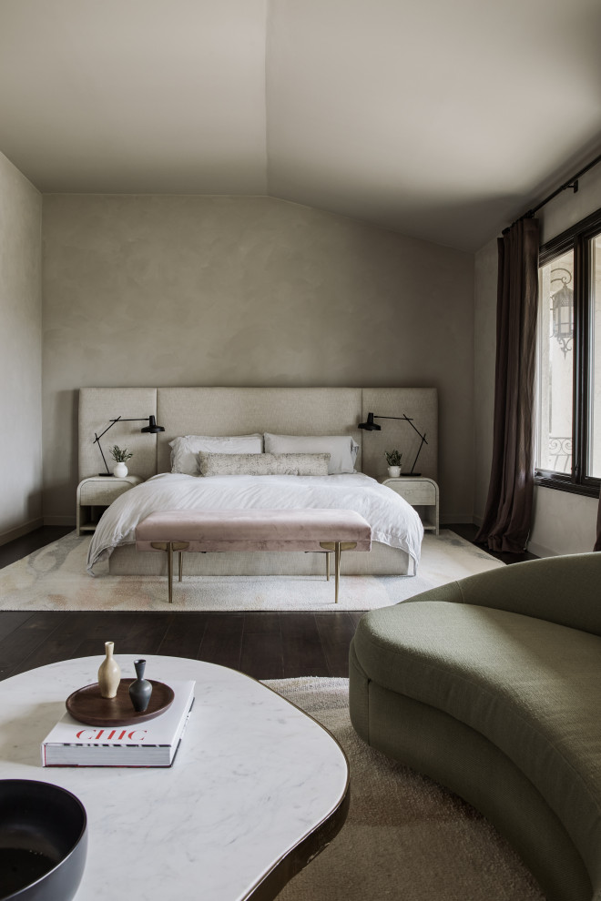 Photo of a large contemporary master bedroom in Los Angeles with grey walls and dark hardwood floors.