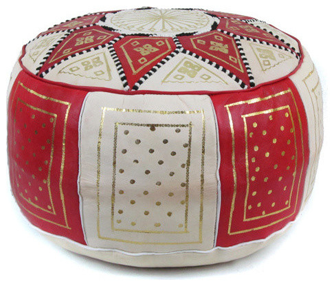 Red / Beige Fez Moroccan Leather Pouf