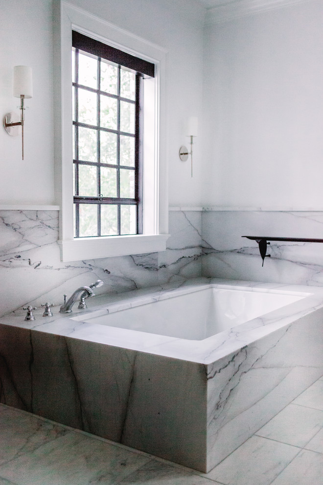 Inspiration for a large transitional master white tile and marble tile marble floor, white floor and double-sink walk-in shower remodel in Atlanta with dark wood cabinets, an undermount tub, white walls, an undermount sink, marble countertops, white countertops and a built-in vanity