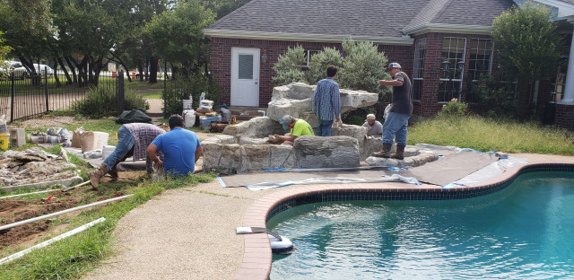 Waterfall & Raised Aquaponics Bed contemporary-swimming-pool