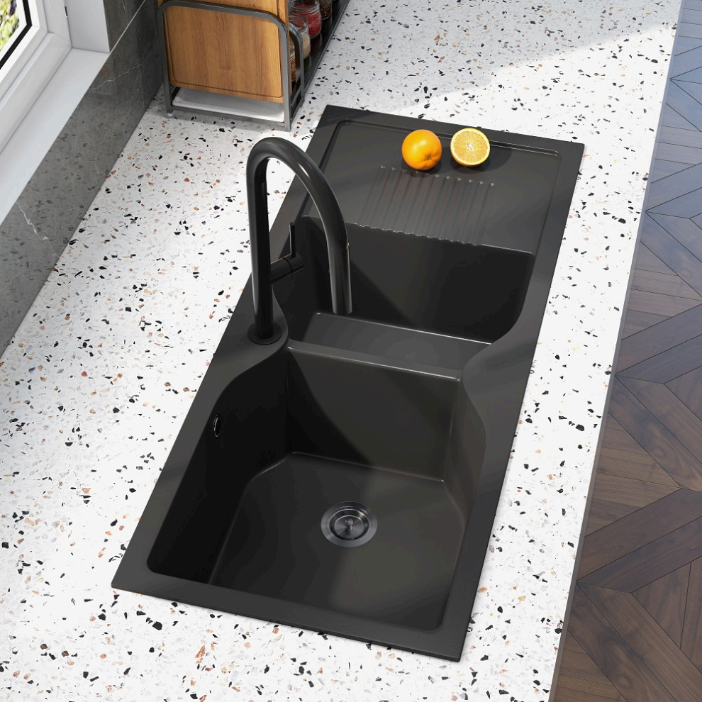 45" Black Quartz Kitchen Sink Double Bowl Drop-In Sink with Drain Board ...