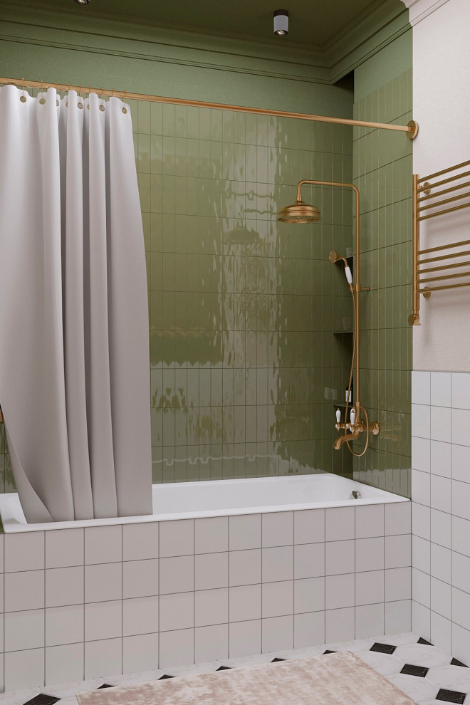 Пример оригинального дизайна: маленькая ванная комната в стиле модернизм с зелеными стенами, полом из керамической плитки, консольной раковиной, разноцветным полом, шторкой для ванной и нишей для на участке и в саду