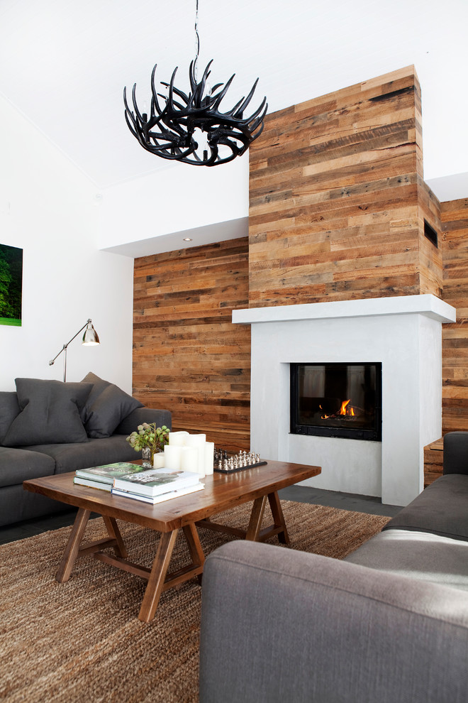 Design ideas for a large contemporary open concept living room in Melbourne with white walls, a standard fireplace and no tv.