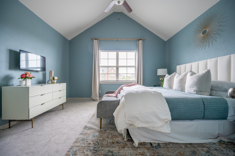 Inspiration for a large transitional master bedroom in Dallas with blue walls, carpet, no fireplace and grey floor.
