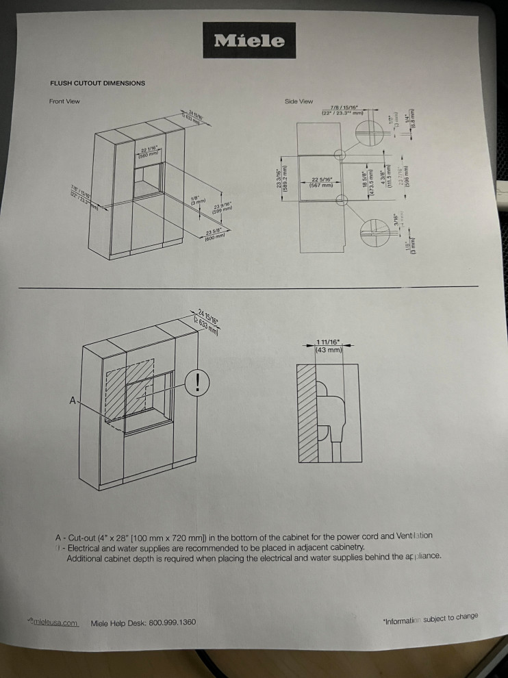 Miele combi steam depth required&installation
