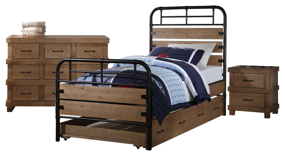 Adams 4Piece Twin Bedroom Set With Trundle, Antique Oak Industrial