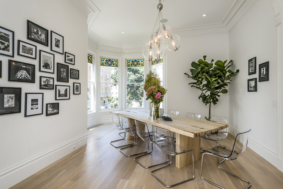 Transitional dining room in San Francisco with white walls, light hardwood floors and no fireplace.