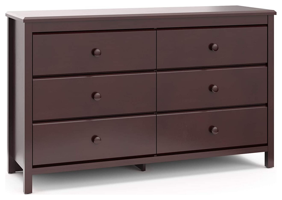 Double Dresser, Wood Construction With 6 Storage Drawers & Round Knobs