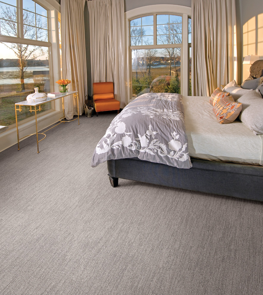 This is an example of a transitional master bedroom in Minneapolis with grey walls, carpet and no fireplace.