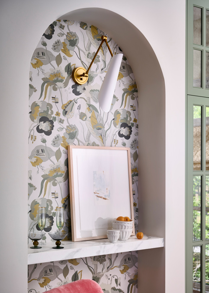 Open concept kitchen - mid-sized transitional galley medium tone wood floor and brown floor open concept kitchen idea in Atlanta with an undermount sink, recessed-panel cabinets, green cabinets, marble countertops, white backsplash, marble backsplash, paneled appliances, an island and white countertops