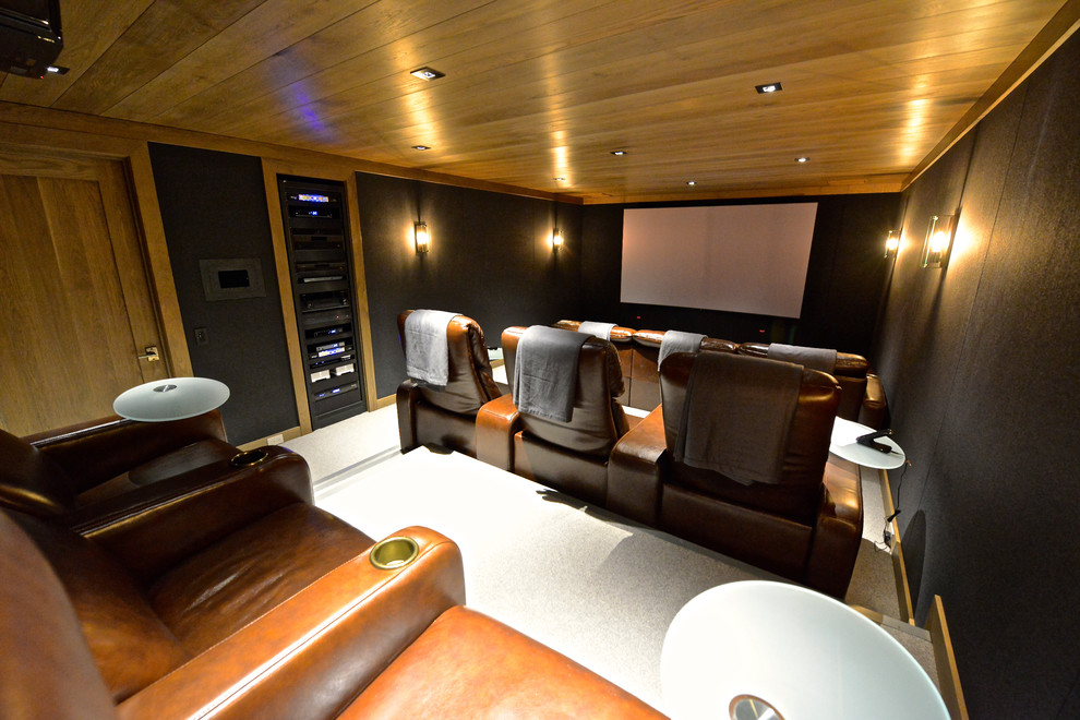 Mid-sized modern enclosed home theatre in Other with black walls, carpet, a projector screen and beige floor.