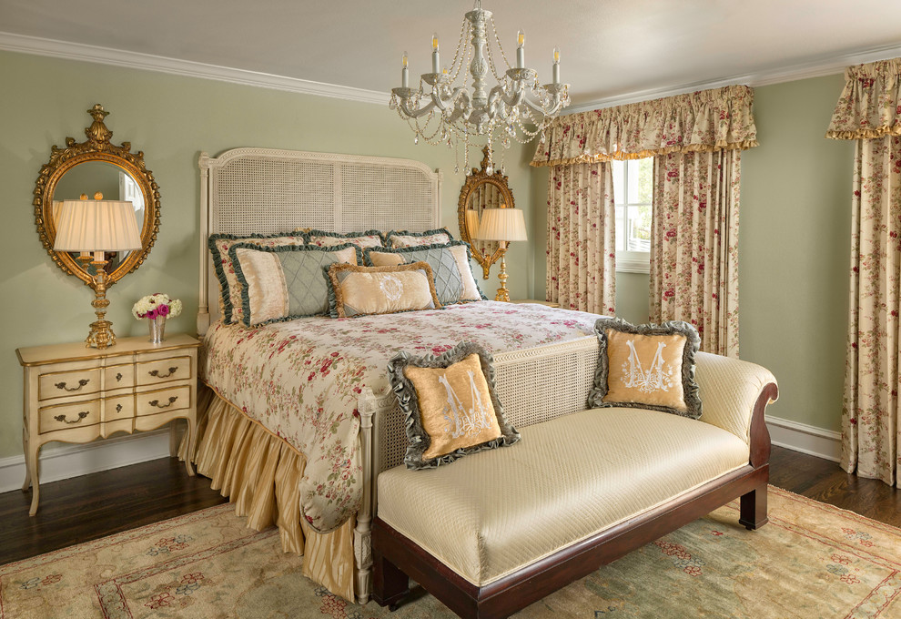 Inspiration for a large traditional master bedroom in Dallas with green walls, no fireplace and dark hardwood floors.