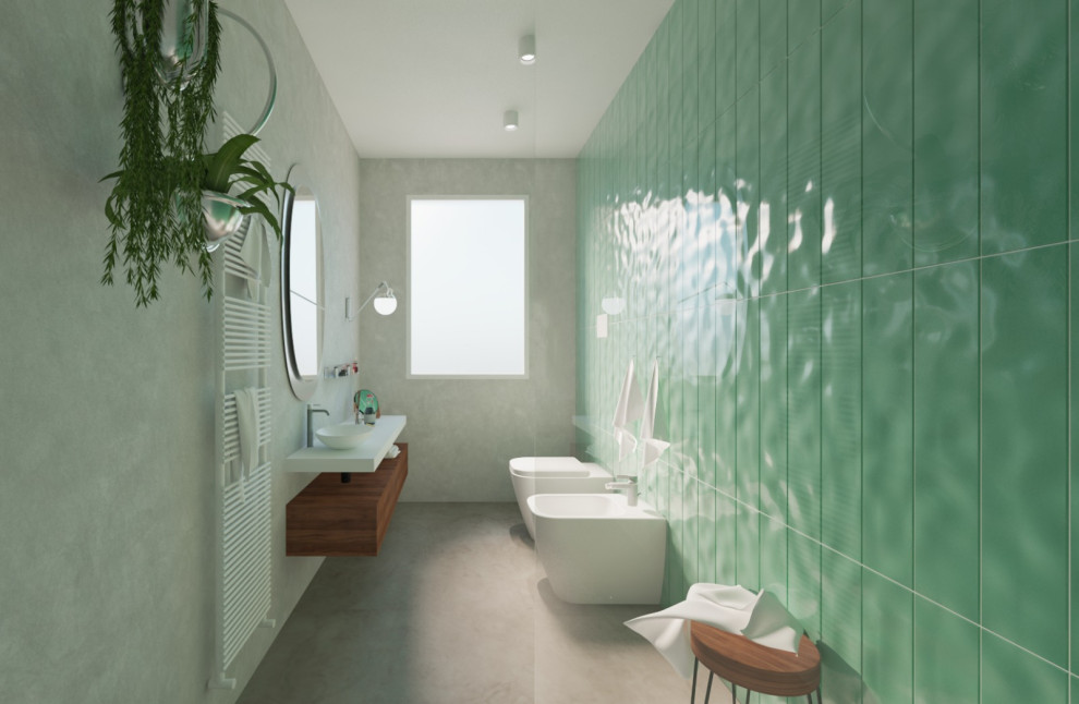 This is an example of a large 3/4 bathroom in Catania-Palermo with beaded inset cabinets, dark wood cabinets, a curbless shower, a wall-mount toilet, green tile, matchstick tile, grey walls, porcelain floors, a vessel sink, solid surface benchtops, grey floor, an open shower, white benchtops, a single vanity, a floating vanity and recessed.