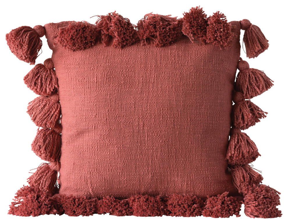 Square Cotton Woven Pillow With Tassels, Russet