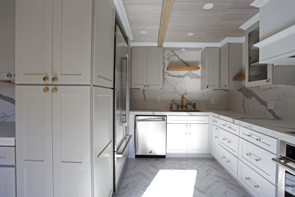Inspiration for a mid-sized transitional l-shaped marble floor, white floor and exposed beam kitchen remodel in DC Metro with an undermount sink, shaker cabinets, white cabinets, quartzite countertops, white backsplash, quartz backsplash and stainless steel appliances