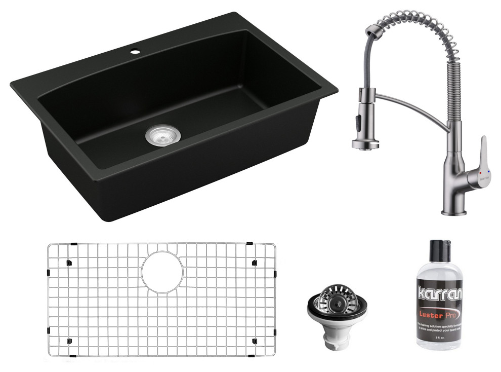 Karran All, One Drop-In Quartz 33" Single Bowl Sink, Black With Faucet