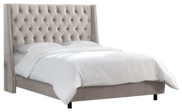 nail button tufted wingback bed in mystere dove - transitional