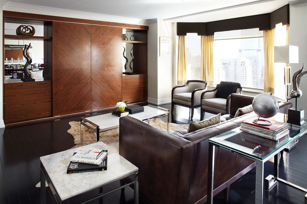 Living room - mid-sized transitional formal dark wood floor living room idea in Toronto with beige walls and a concealed tv