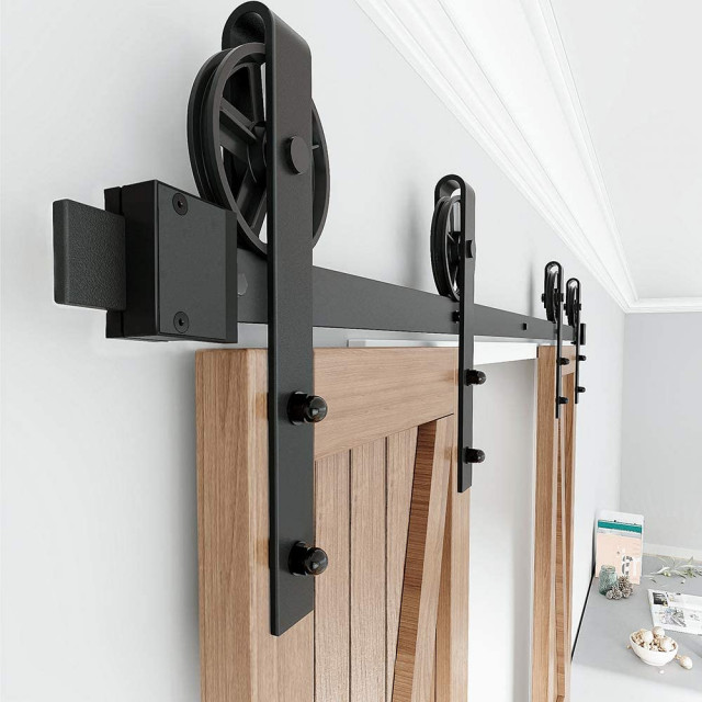 ZEKOO Wood Double Sliding Barn Door Hardware Black Big Wheel Roller Kit