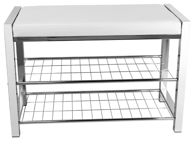 Danya B White Leatherette Storage Entryway Bench With Chrome Frame