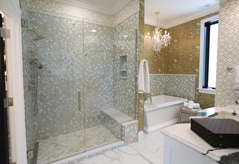 This is an example of a large classic ensuite bathroom in Other with beaded cabinets, white cabinets, a freestanding bath, an alcove shower, glass tiles, a submerged sink, quartz worktops, white floors, a hinged door, a shower bench, a single sink, a built in vanity unit and wallpapered walls.