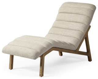 Modern Cream Fabric Upholstered Chaise Lounge Chair With Solid Wood