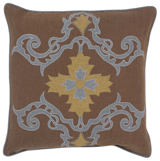 Brown 18 x 18 Pillow with Light Blue and Camel Vintage Design