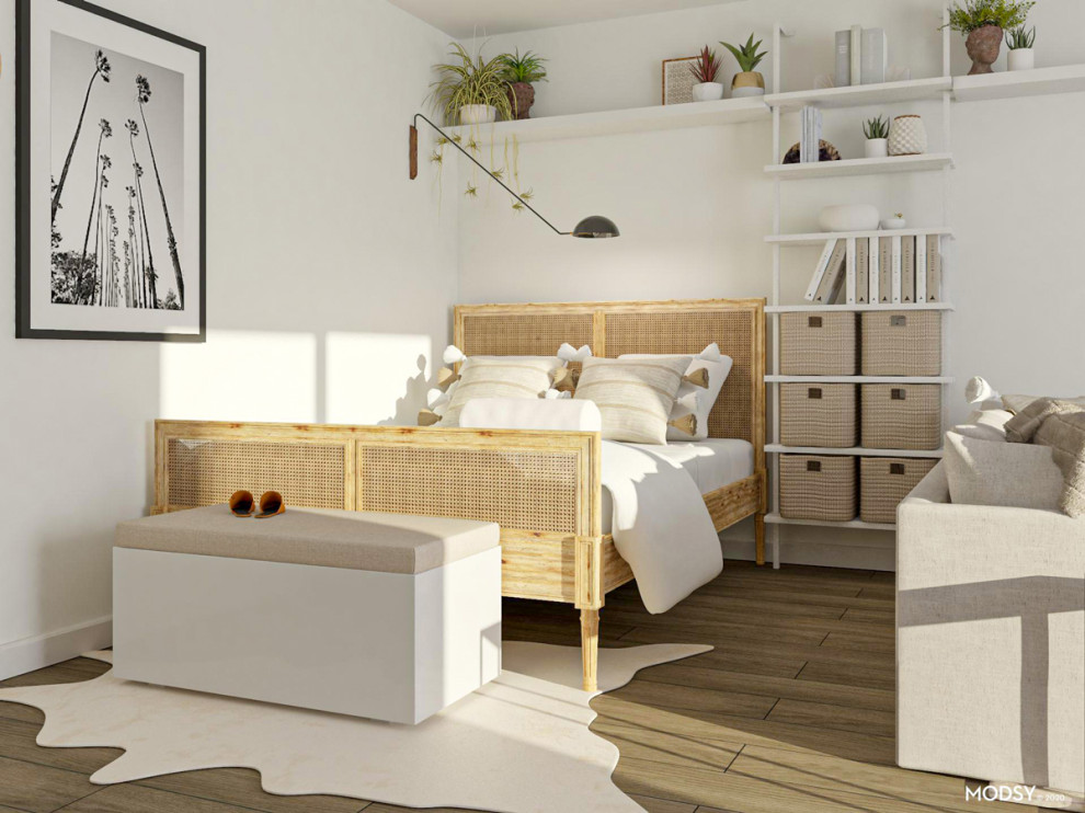 Idéer för att renovera ett mellanstort funkis gästrum, med vita väggar och ljust trägolv