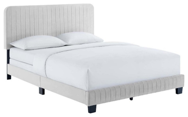 Modway Celine Channel Tufted Performance Velvet Full Bed in Light Gray