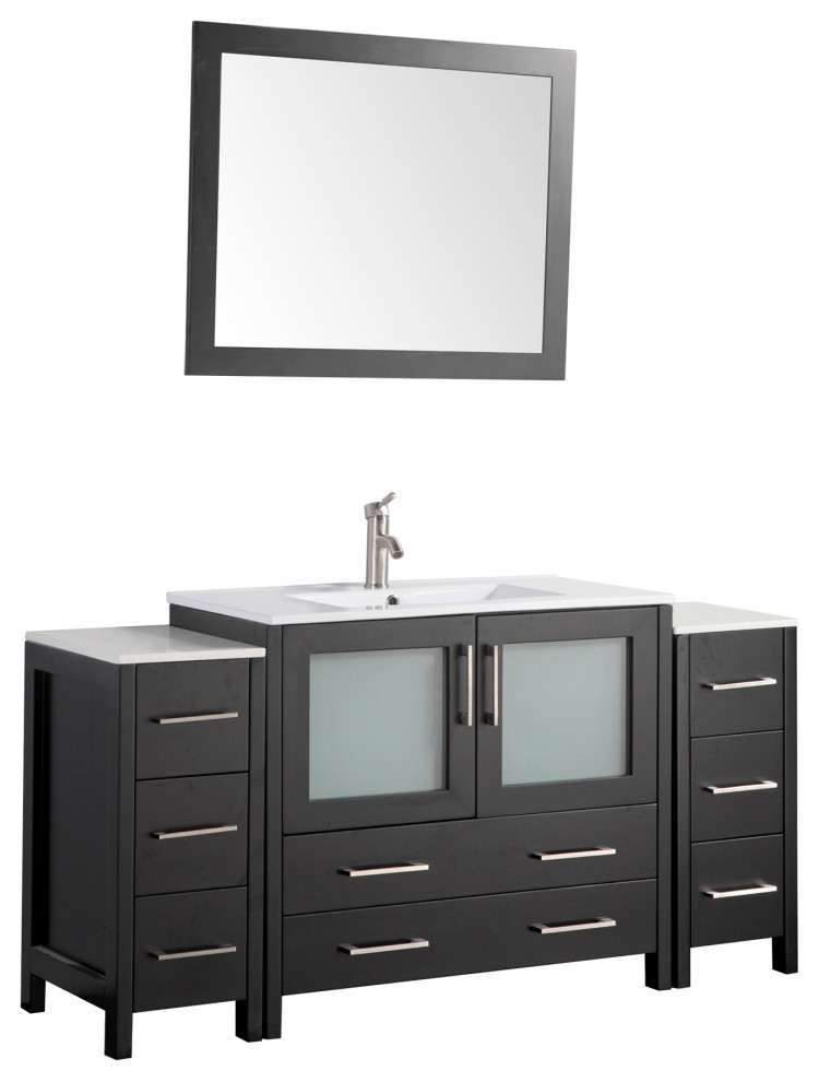 Vanity Art Single Vanity Set With Ceramic Top, 60", Espresso, Standard Mirror