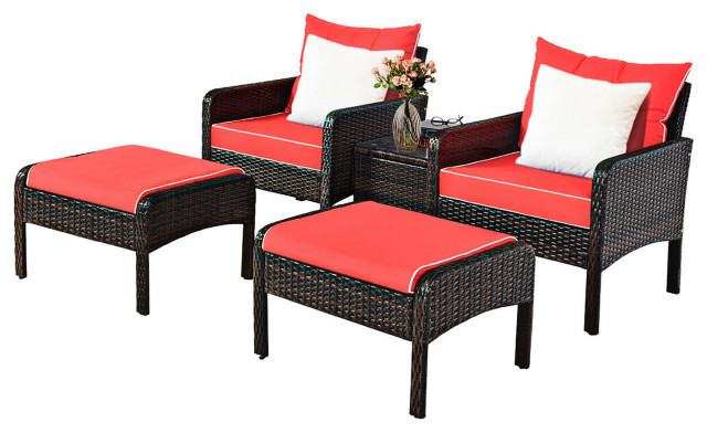 Patio Rattan Wicker Furniture Set, Outdoor Furniture Red Cushions