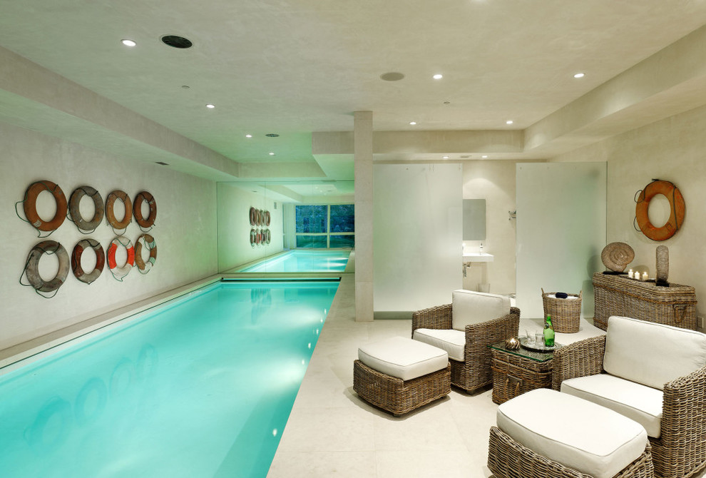 Design ideas for a beach style indoor rectangular lap pool in Denver.
