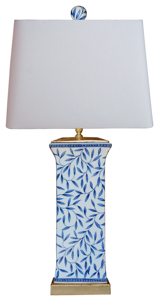 Blue and White Bamboo Leaf Porcelain Vase Lamp 21" 