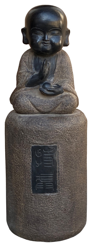 Chinese Oriental Stone Sitting Zen Pole Stand Lohon Monk Figure Hcs7211