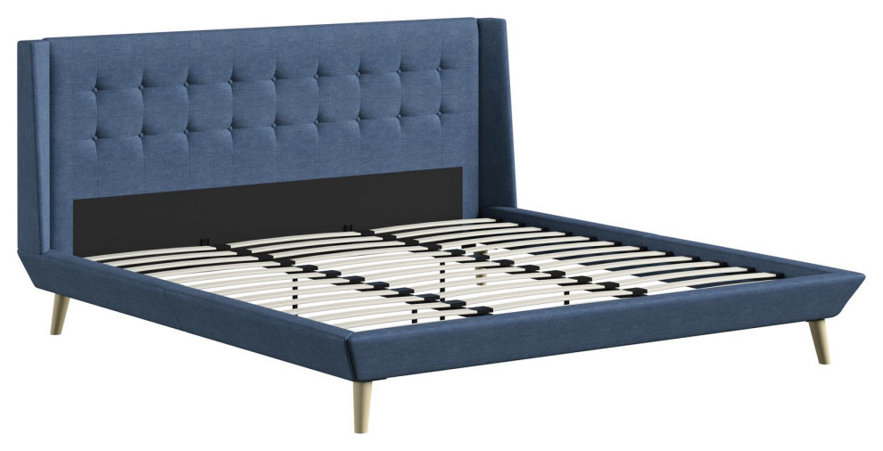 Scandinavian Platform Bed, Splayed Legs & Tufted Headboard, Blue, King