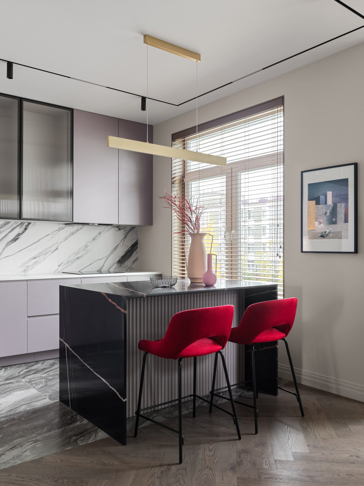 Photo of a medium sized contemporary single-wall breakfast bar in Saint Petersburg with a submerged sink, flat-panel cabinets, grey cabinets, marble worktops, white splashback, stone slab splashback, porcelain flooring, grey floors and multicoloured worktops.