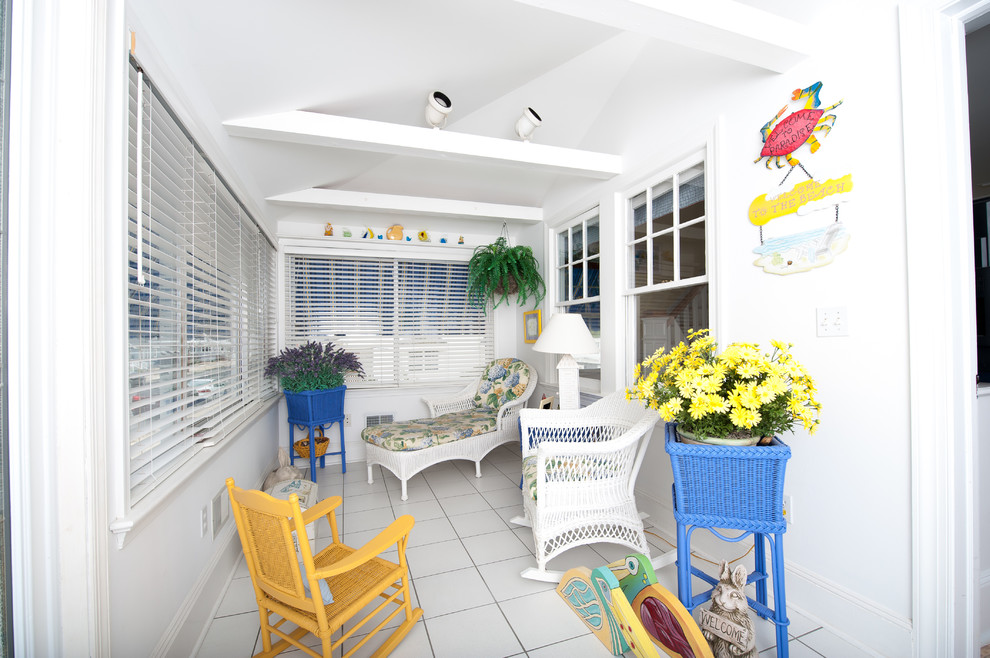 Design ideas for a small beach style sunroom in Bridgeport with ceramic floors and a standard ceiling.